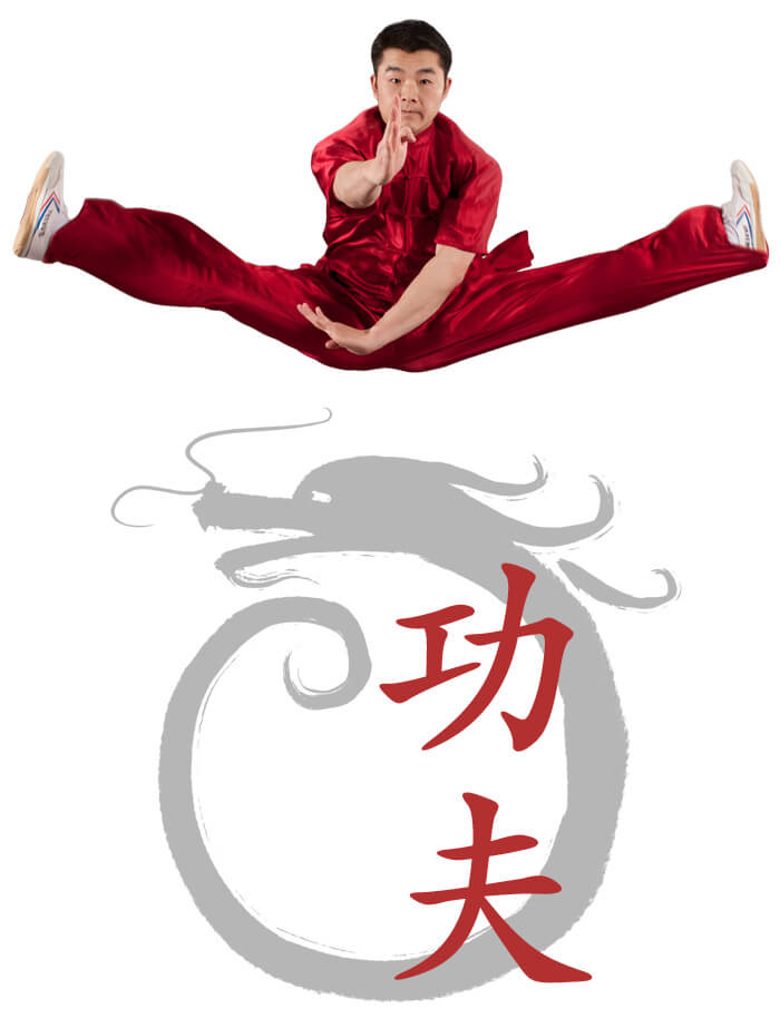 Photo of Master JingChao Wu demonstrating a Wushu Jump